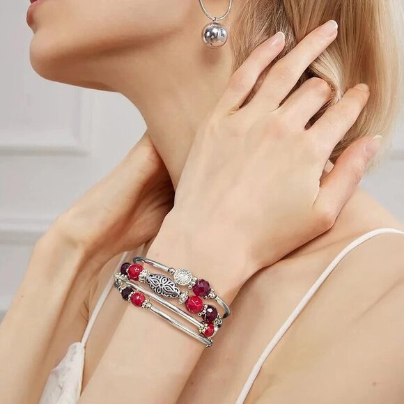 Stackable Beaded Bracelets for Women Boho Wrap Silver Layered Fashion Jewelry - Picture 3 of 6